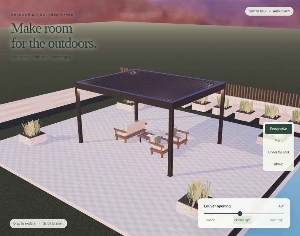 Azenco R-BLADE 3D pergola configurator on CCSI Sales, showing a louvered pergola with size, finish, lighting and quote controls
