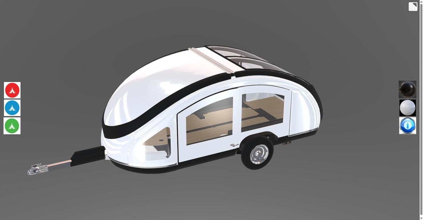 Teardrop travel trailer 3D configurator, showing color and material swatches on a rotatable model