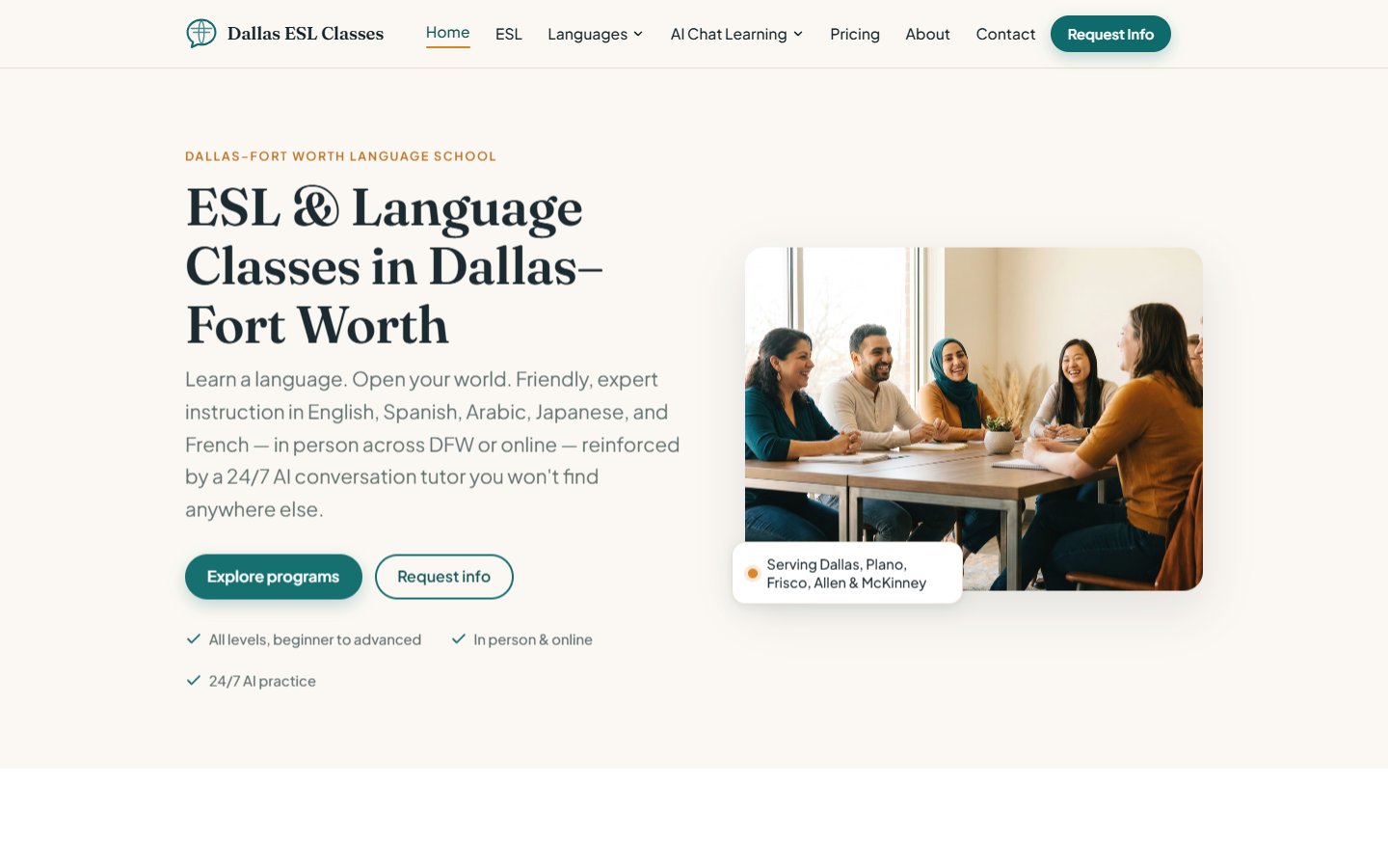 Dallas ESL Classes website, an AI-built site with a 24/7 AI conversation tutor