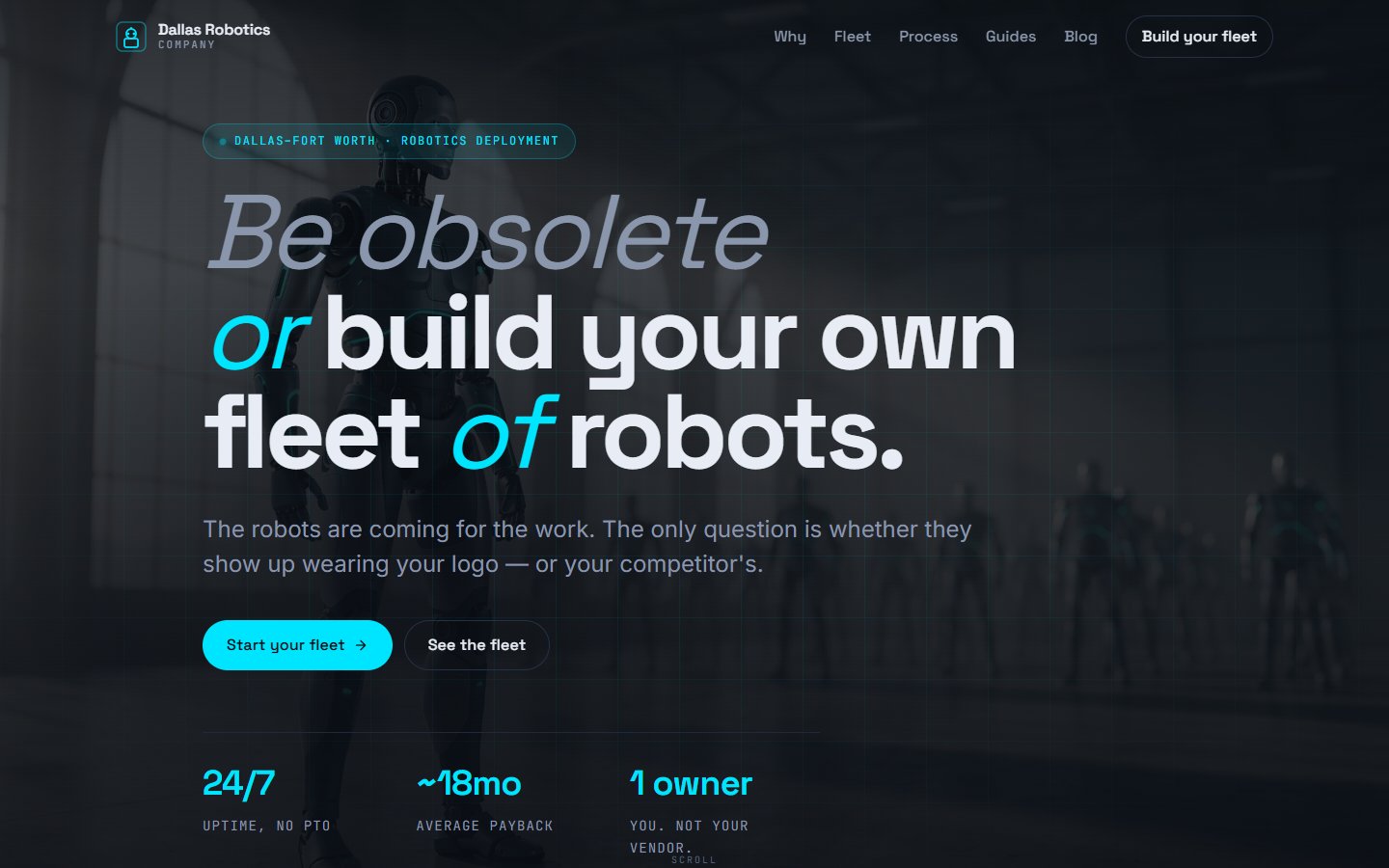 Dallas Robotics Company website, an AI-built robotics fleet deployment site