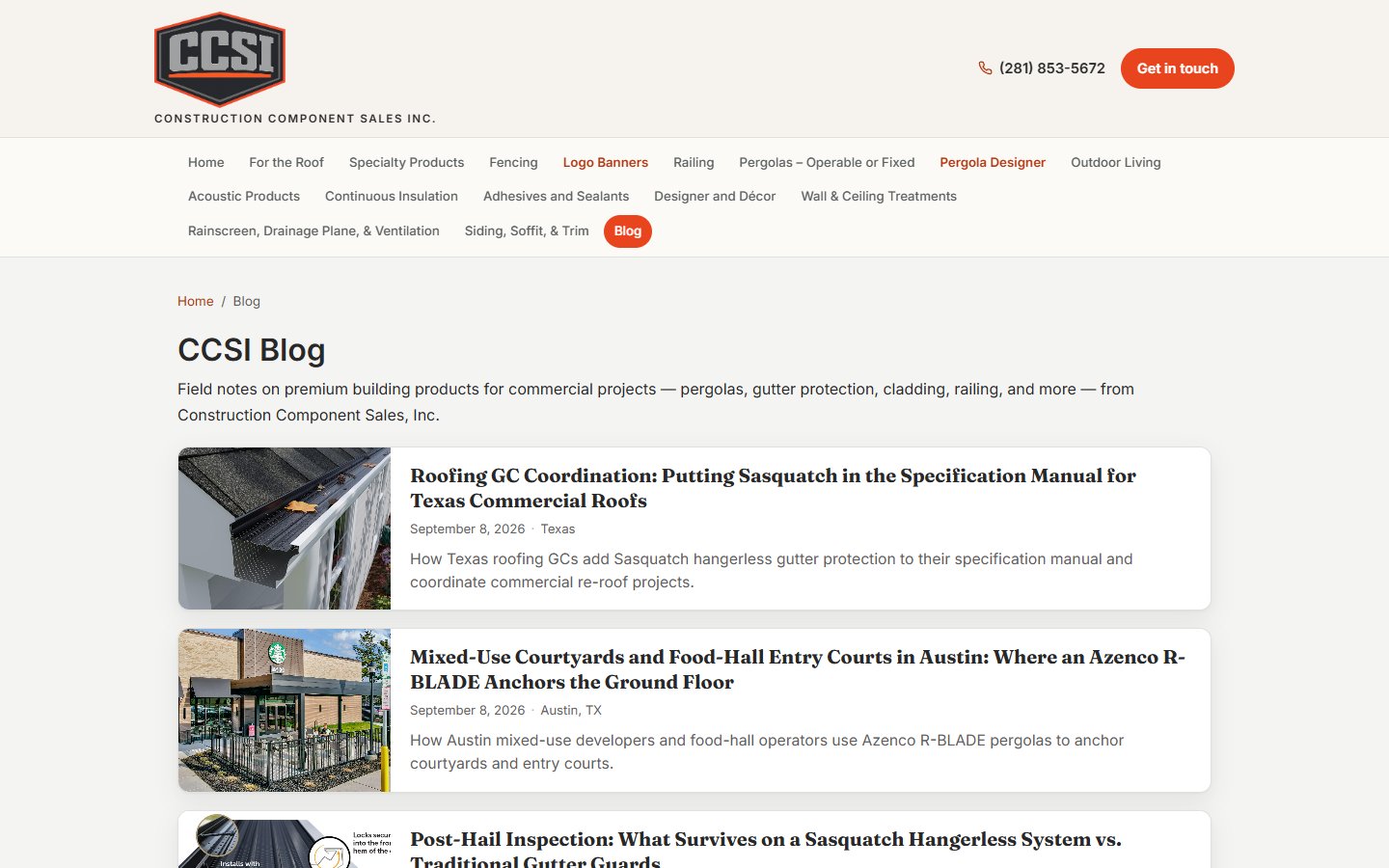 CCSI Sales blog page, showing recurring published articles about building products
