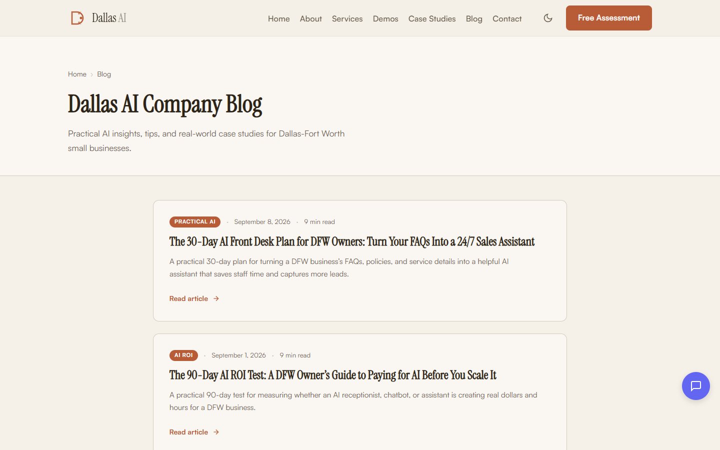 Dallas AI Company blog page, showing recurring published articles