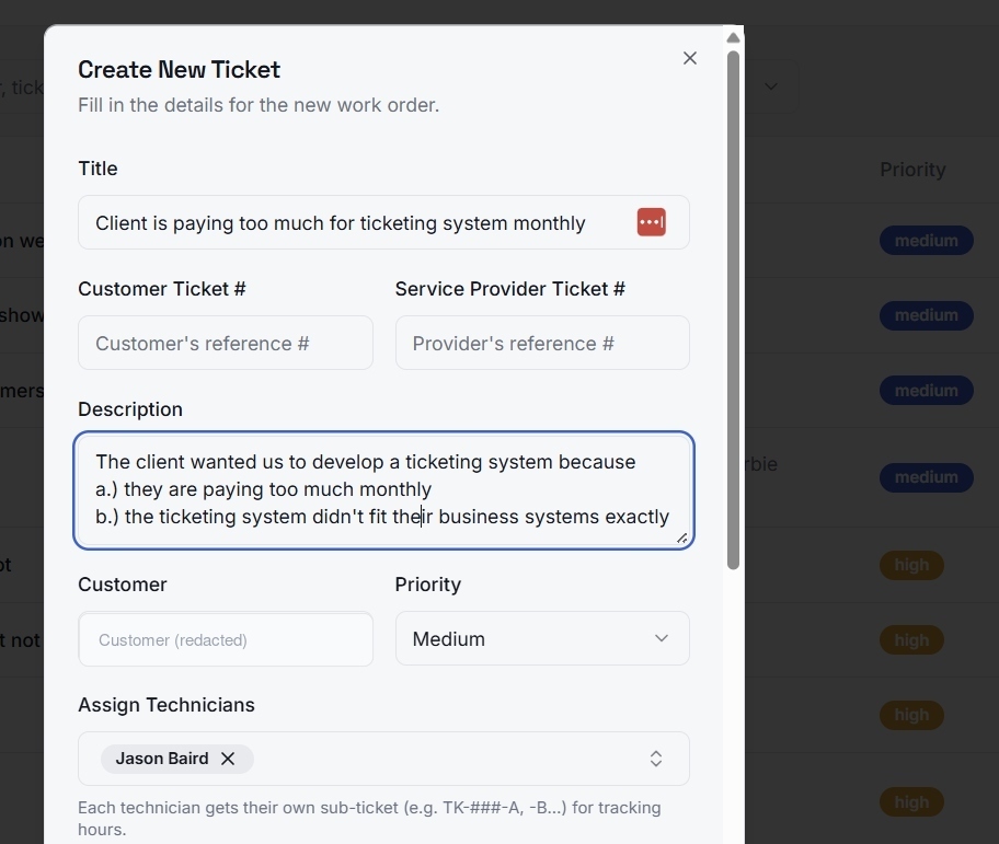 Create new ticket form with fields for title, customer and service-provider reference numbers, description, customer, priority, and technician assignment with per-technician sub-tickets.