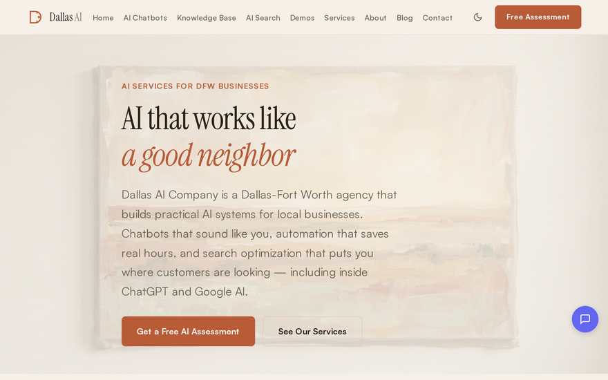 Screenshot of the Dallas AI Company site with an embedded AI chat widget