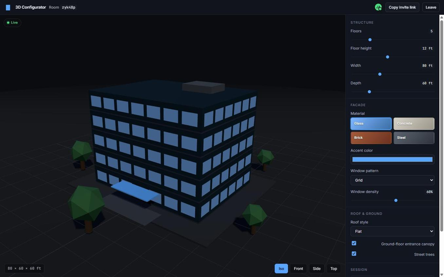 Screenshot of a real-time collaborative 3D building configurator with multiple users designing an office block