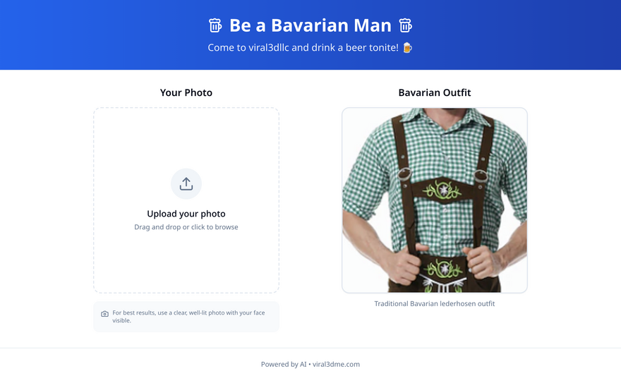 Screenshot of an AI photo try-on demo that adds a Bavarian costume