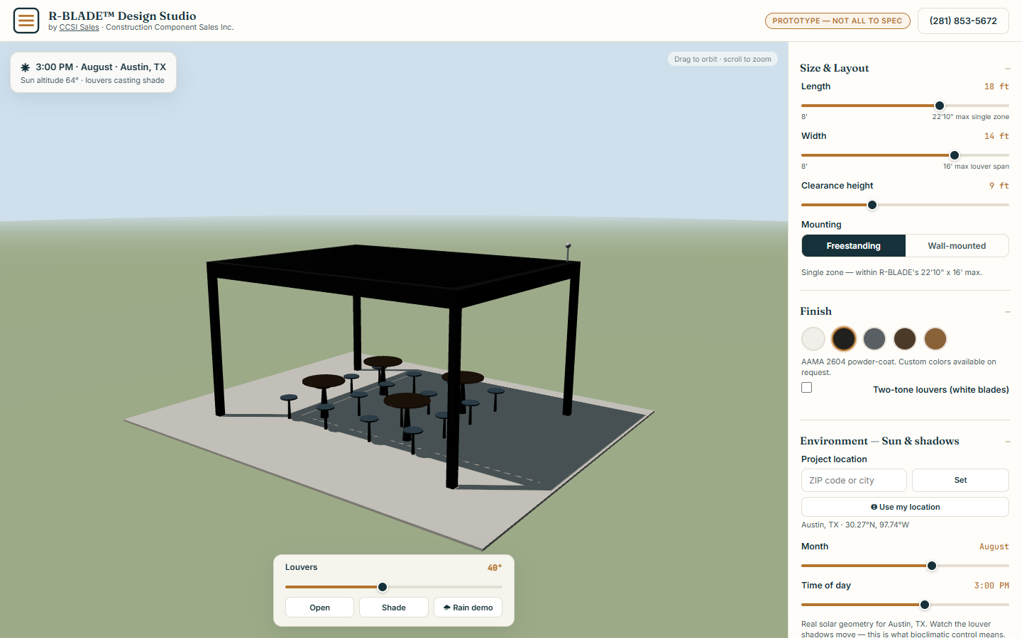 Screenshot of the R-BLADE 3D pergola and motorized louver configurator with live sun and shadow simulation