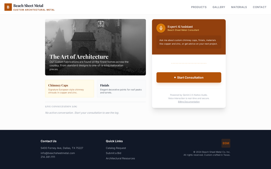 Screenshot of the Beach Sheet Metal website with an embedded AI voice consultant