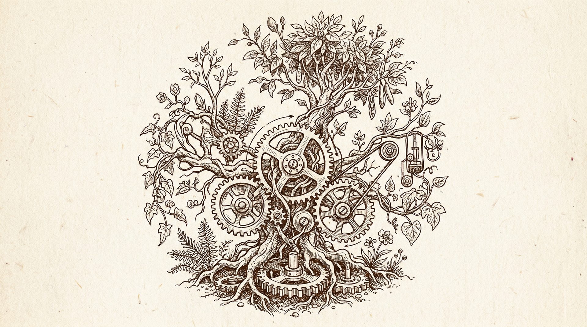 Illustration of organic growth intertwined with engineering — roots, gears, and sprouting plants representing AI systems growing from business foundations